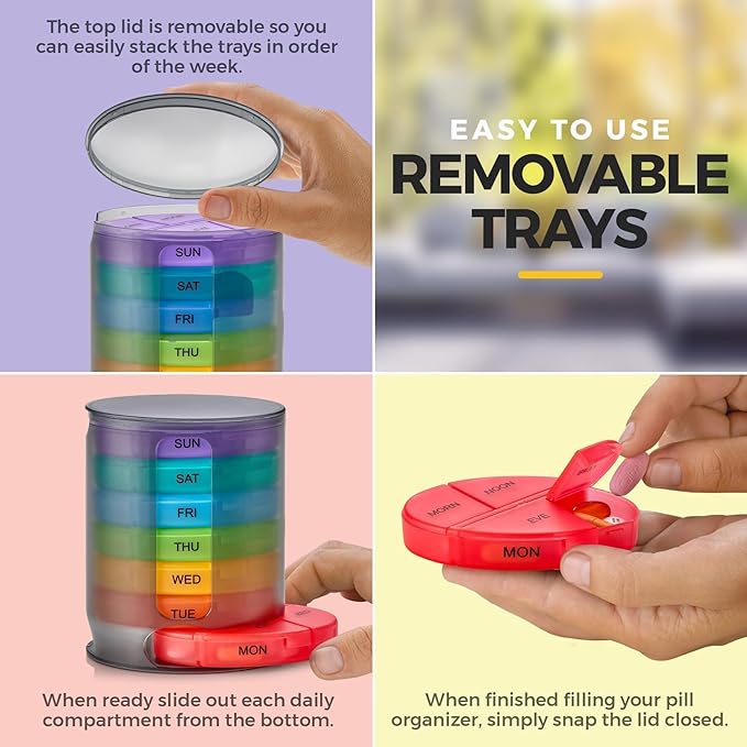 MEDca Weekly Pill Organizer, 1 Dispenser, 7 Stackable Multi-Color Compartments Four Times-a-Day - Morning, Noon, Evening, and Bedtime, Black, 2-Pack