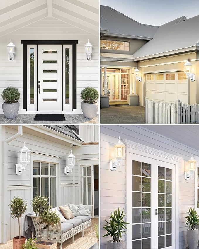 Redluck Motion Sensor Outdoor Wall Light Fixtures, 2 Pack Outdoor Wall Lamp | Dusk to Dawn, Anti-Rust, Waterproof Aluminum Frame, Tempered Glass & Classic Exterior Porch Lights for House Garage, White