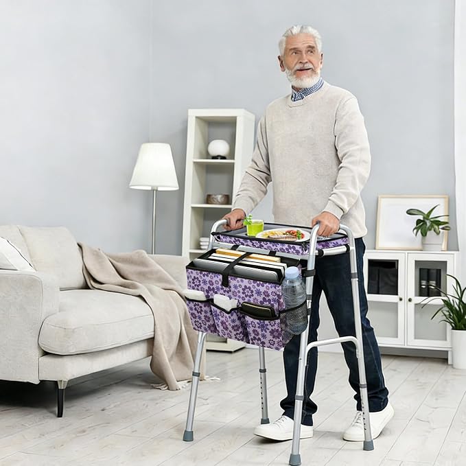 Walker Basket with Tray, Walker Tray for Folding Walker, Walker Accessories for Seniors, Non-Slip Surface, Universal Fit for Standard Walkers, Ideal for Meals, Drinks & Reading (Purple)