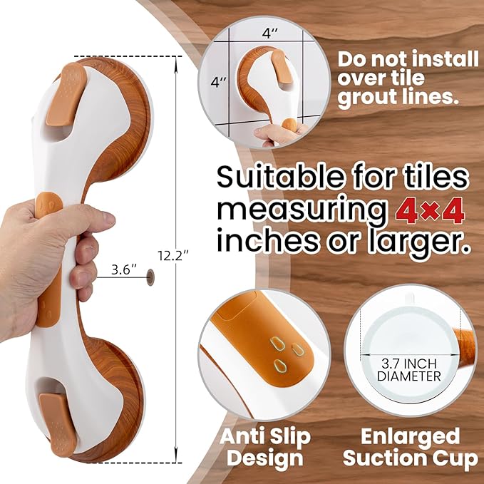 TAILI Shower Grab Bar, 12 Inch Shower Handle for Bathtubs and Elderly, Suction Grab Bars for Seniors Bathroom Safety Handles for Elderly, No Drilling Removable,Wood Grain