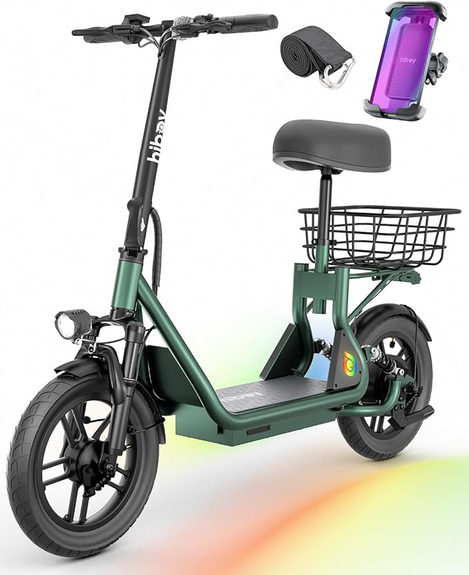 Hiboy Q2 Adult Electric Scooter with Seat & Phone Holder – 500W Motor, 22mi Range, 14" Wheels, Dual Suspension, Neon Lights, Foldable for Commute & Campus