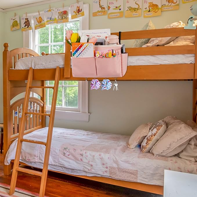 Bedside Caddy Organizer 5 Pockets and 4 Hooks for Bunk Bed Pink | Hanging Storage Bag for Headboards