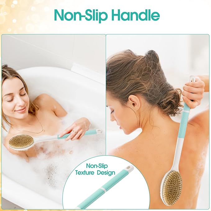 Back Scrubber Anti Slip for Shower,Back Brush Long Handle with Soft and Stiff Bristles,Body Scrubber for Bath or Dry Brush(Green)