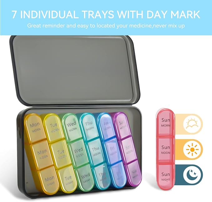 Weekly Pill Organizer 3 Times A Day, 7 Day Pill Box Large Compartments Moisture-Proof Pill Case, Daily Portable Travel Morning Noon Evening Pill Container, for Fish Oils, Vitamins, Supplements