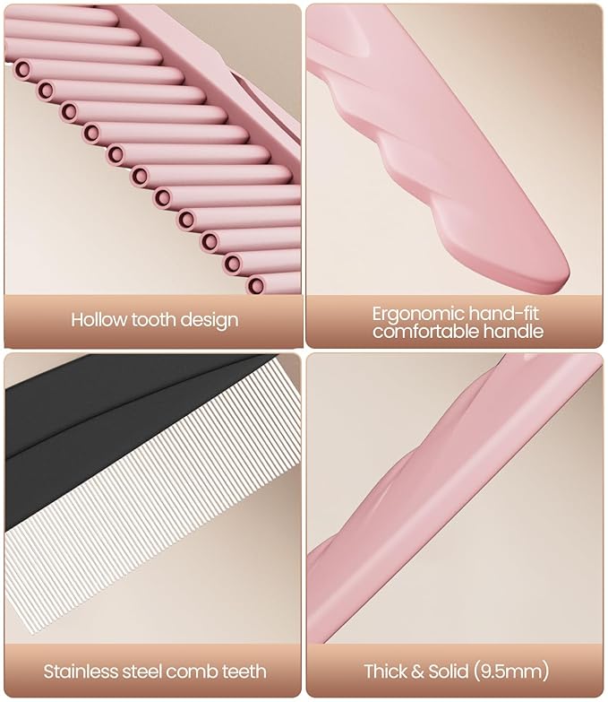 Dandruff Comb Removal 2PC Hollow Fine Tooth Scalp Detox Hair Care Tool Pink | Build up Flake Lice Comb, with Gift Box, Stainless Steel Teeth, Self Cleaning, Button Release, Scalp Massage, Women Men Kids