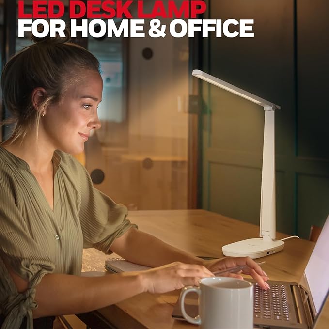 Honeywell LED Desk Lamp - HWT-H2 Sunturalux™ Eye-Caring Foldable Desk Light with USB A+C Dual Charging Port 4 Color Modes Dimmable Table Lamp for Home Office Bedroom Reading Study Work - White