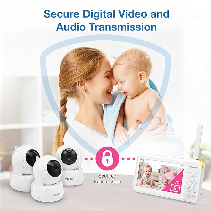 VTech 3 Cameras Video Baby Monitor with 5" LCD Screen,Up to 17Hrs Video & 31Hrs Audio, Night Vision, Pan-Tilt-Zoom, Lullabies, Soothing Sounds, Temperature Sensor,Split Screen, No WiFi: 924-3W