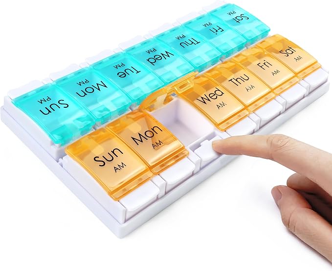 MOLN HYMY Weekly Pill Organizer, AM PM 2 Times a Day, 14 Compartments, Push Button Design, for Medication, Vitamins, Supplements