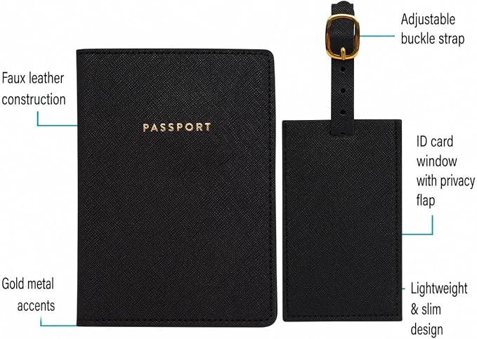 Eccolo Passport Cover Holder And Luggage Tag Set In Gift Box, Saffiano Classic Black | Faux Material, Adjustable Buckle Strap, Privacy ID Window, Slim Lightweight Build for Easy Carry