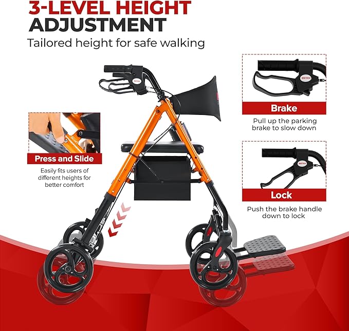 Metro Mobility 2 in 1 Rollator Walker & Transport Wheelchair, Foldable Lightweight Rollator Walker with Seat for Seniors, 8" Big Wheels for All Terrain, 300 lb. Weight Capacity, Orange