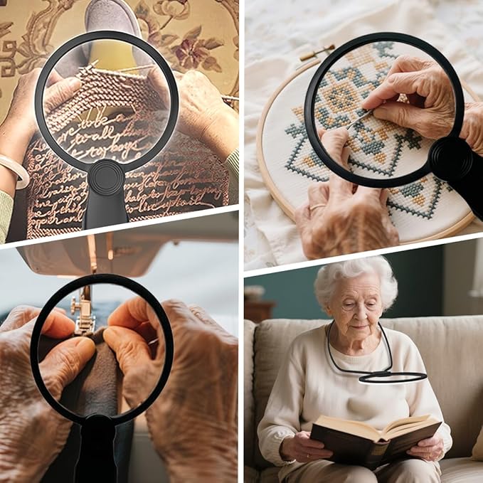 6X Hands-Free Magnifying Glass & Goose Neck Magnifier with Light | Neck-Worn Rechargeable for Reading, Crafts, Cross Stitch | Large View for Low Vision Seniors & Close Work