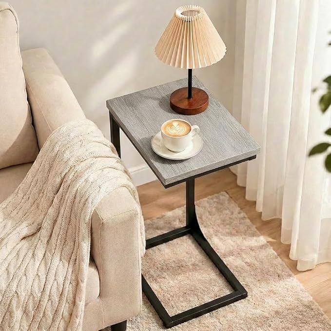 TEMI C Shaped End Table for Couch - Small Side Table and TV Tray for Eating or Laptop, Accent Desk for Chair or Sofa, Easy Assembly, Space-Saving Design for Living Room or Bedroom,Greige
