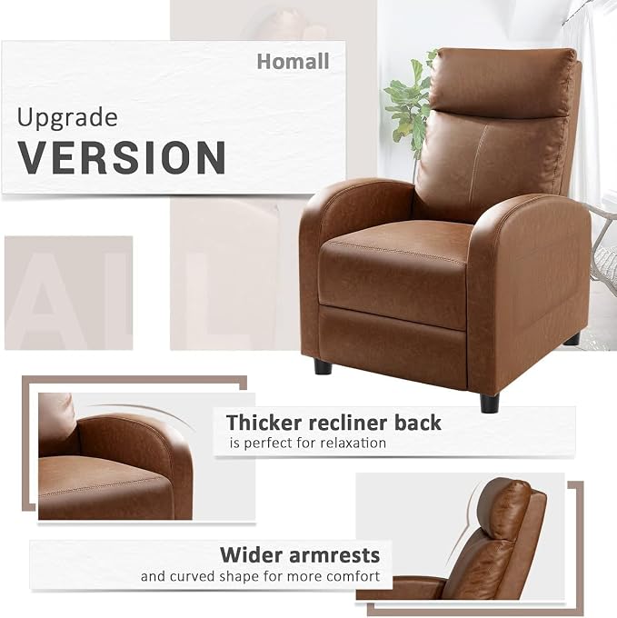 Homall Recliner Chair, Recliner Sofa PU Leather for Adults, Khaki Recliners | Home Theater Seating with Lumbar Support, Reclining Sofa Chair for Living Room