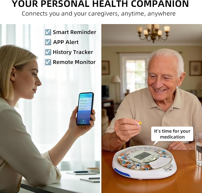 JULOS WiFi Automatic Pill Dispenser with Remote App Monitoring for Elderly | Adherence Tracking Medication History, Up to 9 Alarms, Sound & Light Reminders, for Seniors, Dementia & Alzheimer's Care