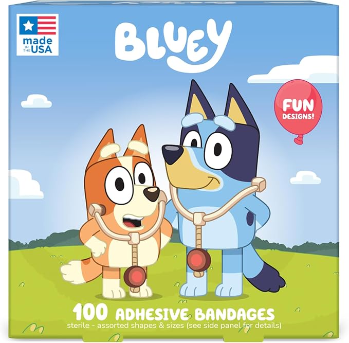Dr. Bluey Kids Bandages, 3 Assorted Sizes 100 CT | Wear Like Stickers, Flexible Adhesive Bandages for Minor Cuts, Scrapes, and Burns. Great Gift idea for Kids