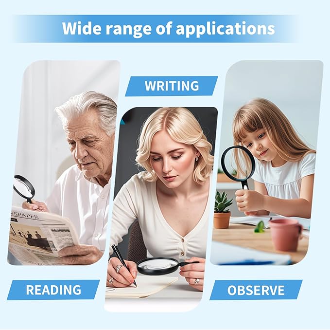 10X Large Magnifying Glass for Reading, Upgraded Handheld Magnifier with 5.12inch Anti-Glare Lens, Non-Slip Handle for Close Work, Seniors Reading, Kids Nature Exploration, Hobby Observation