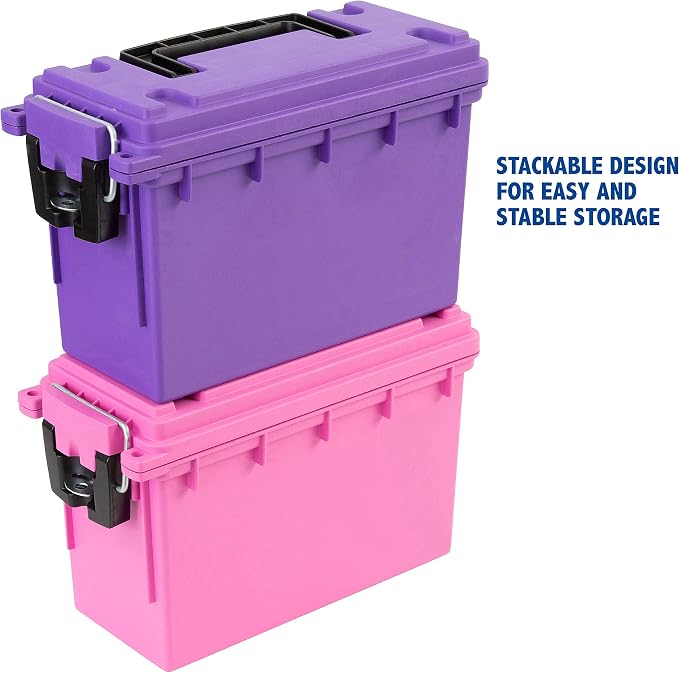 Sheffield 12632 Ammo Storage Box, Stackable .30 Cal Field Boxes, Water and Dust Resistant, Lockable Storage Box with Handle, Secures Hunting Gear, Supplies, & Bullets, Made in USA, Purple(Pack of 6)