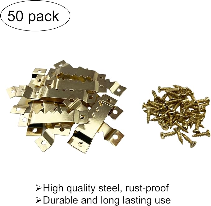 50 Pack Large Heavy Sawtooth Picture Hangers Steel Picture Hangers with Screws Picture Hang Solutions, for Hanging Clock Paintings Artwork Picture Frame Hook Photos (Gold，Supports 50 lbs)