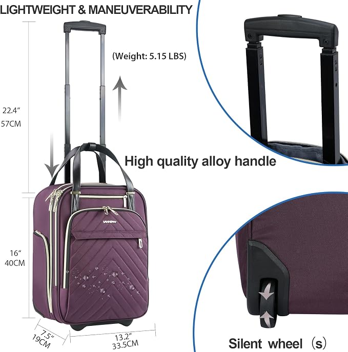 VANKEAN Carry On Underseat 16-inch Multi-functional Underseater Lightweight Overnight Suitcase with Wheels, Roller Case for Men Women Travel Business