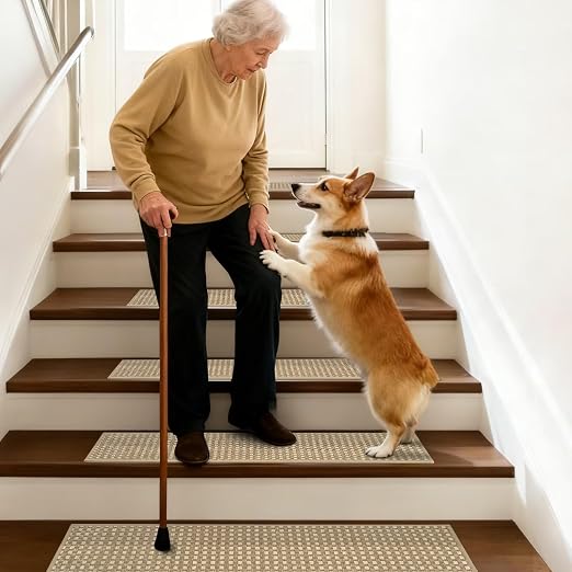 DEXDE Stair Treads for Wooden Steps 7-Pack Non-Slip Indoor, 9" x 30" Beige | Chenille & Linen Blend Carpet Stair Runners Backing, Soft Self-Adhesive Washable Stairway Step Covers for Kids Elders Dogs