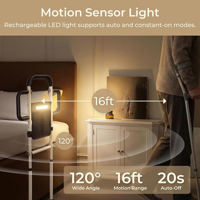 Bed Rails for Elderly Adults Safety, for 400Lbs, White | Bed Rail for Seniors with Motion Sensor Light, Height Adjustable Bed Assist Bar, Non-Slip Handle, Storage Bag