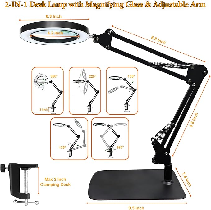 15X Magnifying Glass with Light – Real Glass Lens, 3 Color Modes & Adjustable Brightness – 2-in-1 Desk Lamp with Clamp & Heavy Base – Flexible Swing Arm – Ideal for Crafts, Reading, Repair, Seniors