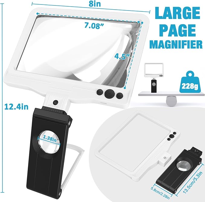 30X 6X Rechargeable Magnifying Glass for Reading, Large Full Page Magnifier with Folding Stand, 3 Color Light Modes, Dimmable LED Lighted, Hands Free Book Magnifier for Low Vision Seniors, White-Black