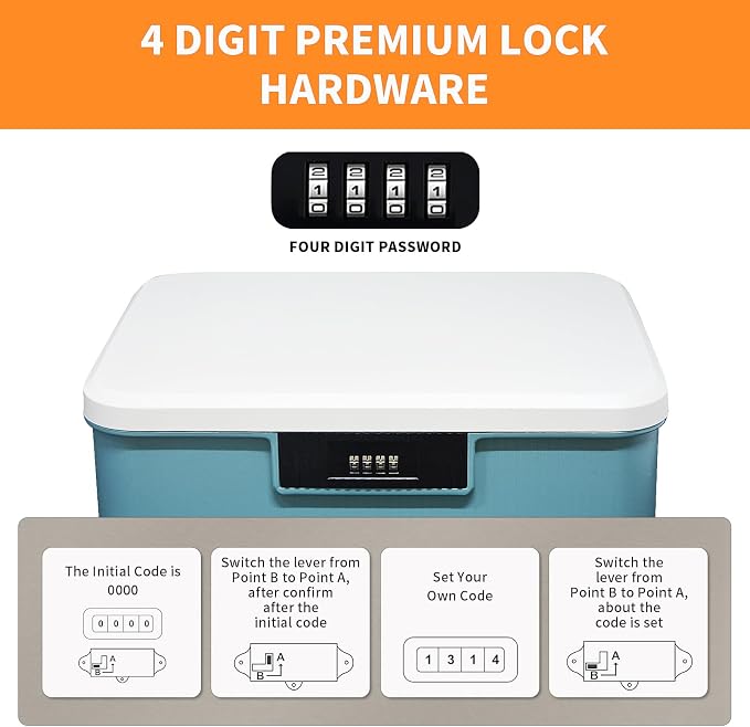 Lockable Storage Container Bin, 4.2 Gallon Capacity Organizer Box with Combination Lock, Heavy Duty Plastic Trunk, Usable As Item Organizer Or Office File Storage(Blue)