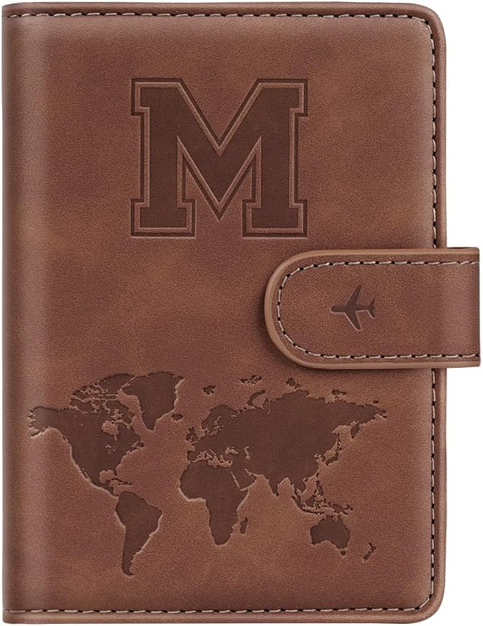 Passport Holder Wallet Cover Personalized Initial Travel Essentials | Embossed Letter A-Z Design, Travel Wallets, RFID Blocking, Passport Book Holders, Women Men, Personalized Gifts, Brown-M