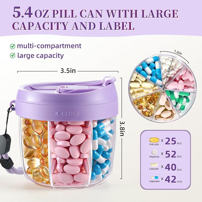Pill Organizer,Travel Essentials Pill Container, Travel Pill Dispenser with Purple Lid，Pill Case Having 7 Large Compartments,Vitamin Organizer for Home Organization,Travel Containers