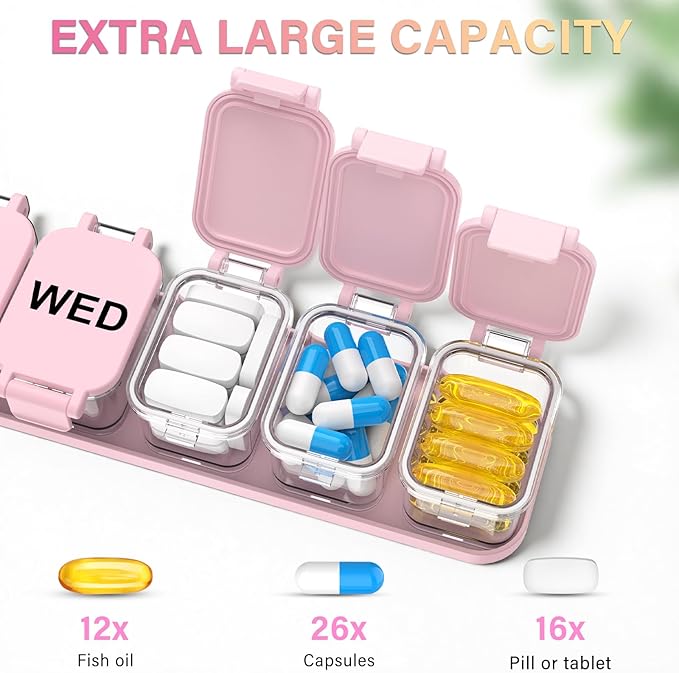 Extra Large Weekly Pill Organizer 7 Day - Portable Daily Pill Box with 7 Detachable Compartments, Vitamin Holder and Medicine Organizer for Supplements, Home and Travel, Pink