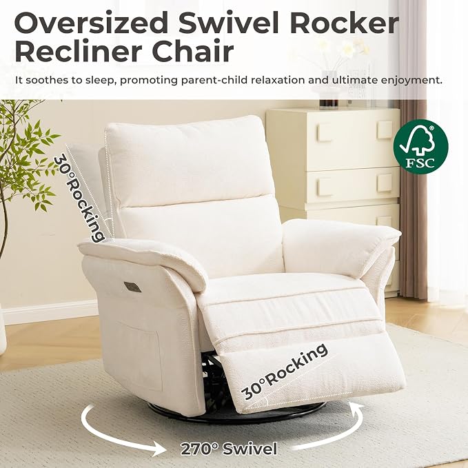 Oversized Power Recliner Chair Swivel Glider with Massage and Heat, Rocker Nursery Recliner for Adults with Adjustable Headrest, 24" Extra Wide Nursery Chair with Overstuffed Armrest,White