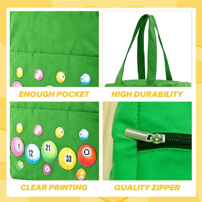 Bingo Bags with Pockets on Clearance, Bingo Bag with Zipper and Polyester Bingo Daubers Makeup Bag, Bingo Bags and Accessories Tote Gifts Game Suitable for Women and Girls (Emerald Green)