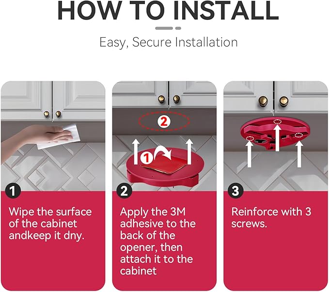 Jar Opener Bottle Opener for Seniors with Arthritis - Under Cabinet Jar Opener for Weak Hands, Rotary Lid Opener, Easy Twist-Off Lids for Jars & Bottles, Original Kitchen Gadgets (Red)