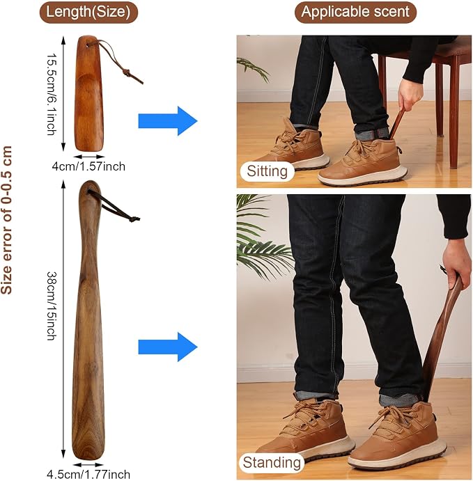 2 Pcs Wood Wear Shoe Horn Helper Long and Short Shoe Horn Handle for Seniors Men Women Pregnancy