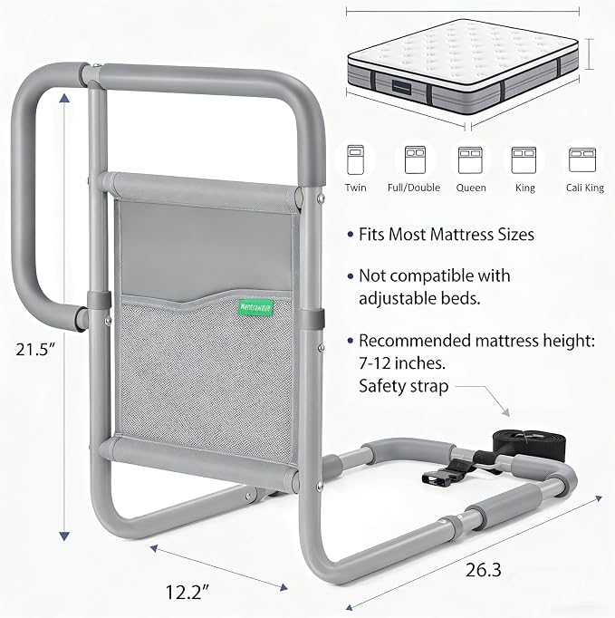 Bed Rails for Elderly Adults, ASTM Approved Bed Assist Rail with Dual Non-Slip Handles for Easily Getting in & Out of Bed, Stable Bed Railings with Storage Pocket, Load 350 LBS, Tool-Free Assembly