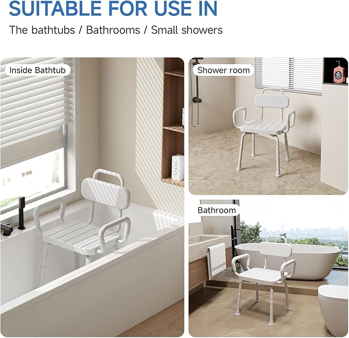 360° Swivel Shower Chair for Inside Shower, Removable Arms & Back, Adjustable Height Rotating Bath Chair for Seniors and Disabled，Tool-Free Assembly，White