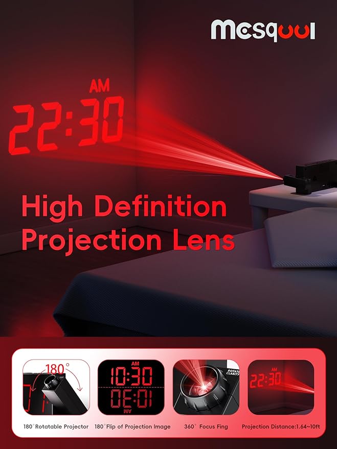 Digital Projection Alarm Clocks for Bedrooms - Large LED Display, 180° Rotatable Projector, 5-Level Dimmer,USB Charger,Battery Backup,Loud Dual Alarms for Kids Elderly,Heavy Sleepers,Snooze,12/24H,DST