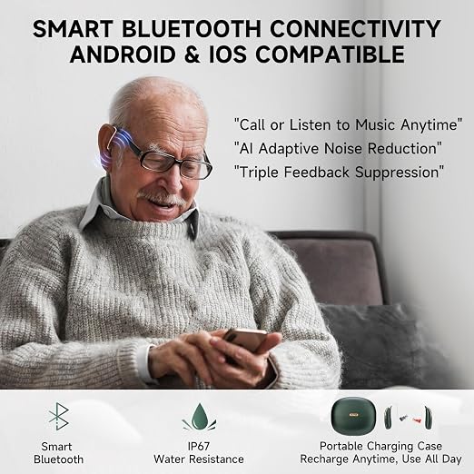 RIC OTC Bluetooth Rechargeable Hearing Aids for Seniors, AI Adaptive Noise Reduction, Smart App Control, Lightweight Comfort RIC Design with Charging Case