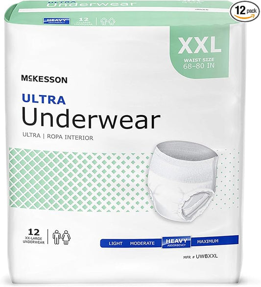 McKesson Ultra Adult Incontinence Underwear, [12 Count], Heavy Absorbency, XXL, 68-80 in. Unisex Bladder Leak Protection, Pull-On Style with Tear-Away Sides, Postpartum and Incontinence Support