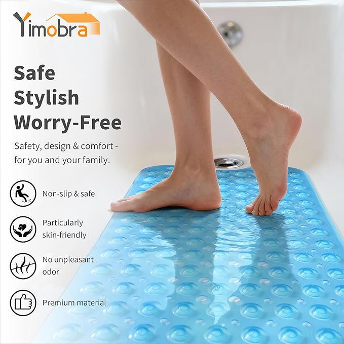 Yimobra Non Slip Bathtub Mat 40 x 16 Inch, Extra Long Shower Mat with Drain Holes, Machine Washable Baby Bath Mats, Strong Suction Cups for Bathroom Floor, Clear Blue