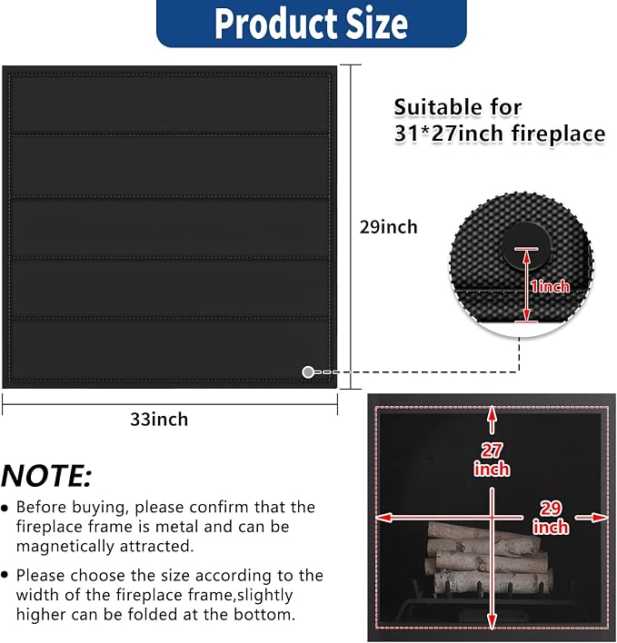 UQM Fireplace Cover, Magnetic Fireplace Blocker Blanket Stops Heat Loss, Indoor Fireplace Draft Stopper Save Energy, Magnetic Fireplace Draft Cover for Iron Fireplace Frame (33"x29")