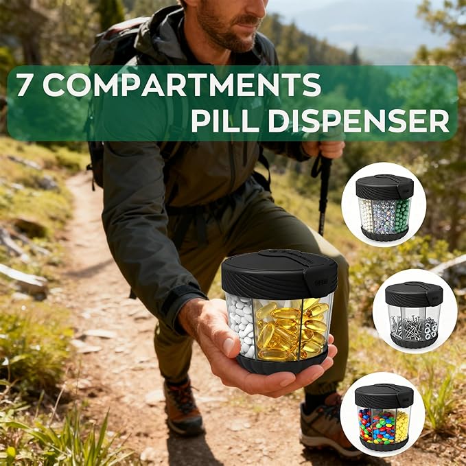 Large Pill Dispenser, Portable Pill Bottle Organizer for 7 Vitamins, Anti-Mix Supplement Organizer with Easy Twist Wide Opening, BPA-Free Pill Container, 20 Pcs Labels Included, Black