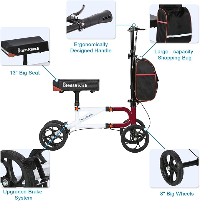 Economy Knee Scooter Steerable Knee Walker for Foot Injuries Compact Crutch Alternative with Dual Braking System (Red)