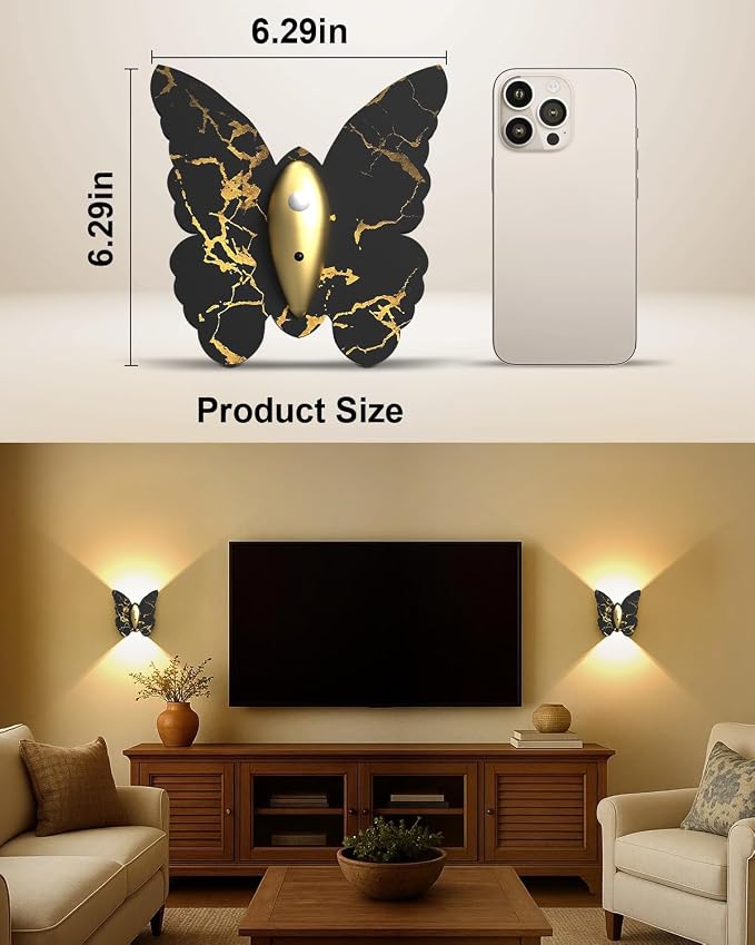 Eneru Motion Sensor Wall Sconce Set of 2, Rechargeable Wall Lights, Indoor | 5000mAh Battery Operated Wall Sconces, Magnetic Butterfly Motion Night Light for Hallway Stair Closet Pantry, Black & Gold