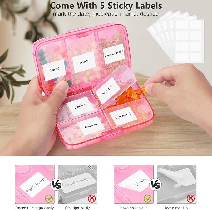 FYY Weekly Pill Organizer with Labels,8 Compartments Travel Daily Pill Case Airtight Moistureproof Large Pill Box to Hold Vitamins, Fish Oil, Supplements,Cotton Swab and Bandages-Hot Pink