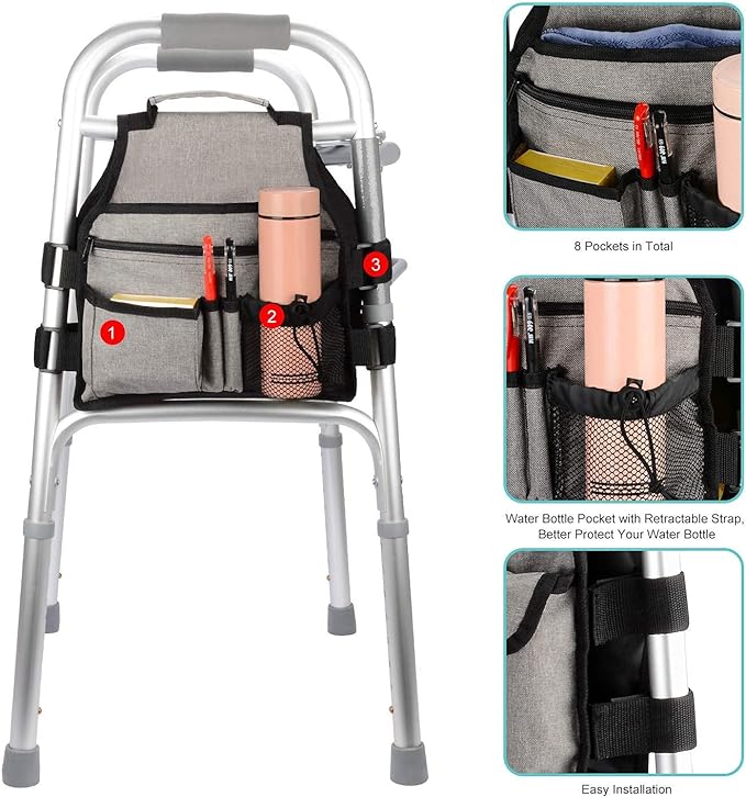 supregear Side Walker Bag, Walker Accessories Bag w/Cup Holder, Folding Walker Basket Waterproof Walker Organizer Caddy Pouch for Most Walker with Side Bar for Seniors, Elderly, Double Sided