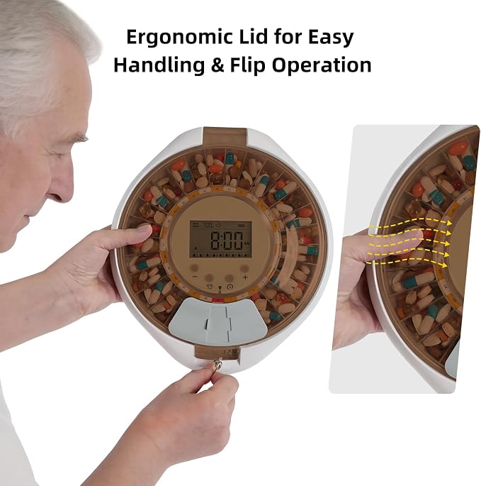 Locked Bluetooth Pill Dispenser for Caregivers App Track Adherence History | Top Lock & Ergonomic Flip Lid Friendly for Seniors, 28-Day Organizer with 9 Custom Alarms & Clear LCD, Sound-Light Reminders