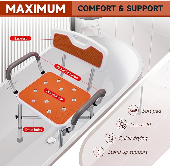 Shower Chair for Inside Shower, FSA/HSA Eligible 600 lbs Heavy Duty Shower Chair for Elderly and Disabled, Height Adjustable Shower Chair with Arms and Back, Bath Chairs for Seniors, Adults, Handicap