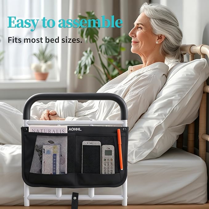 AOHHL Bed Rails for Elderly Adults Safety Adjustable Heights Storage Pocket Assist Support Side Railings for Seniors Citizens Slides Under Mattressbed Cane Bed Guard Bed Handles Bars